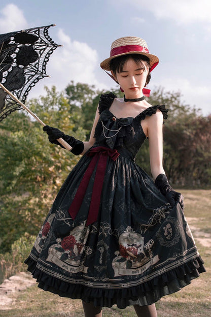 Black Nightingale Rose Print Bowknot Ruffled Strapless Gothic Lolita JSK Dress