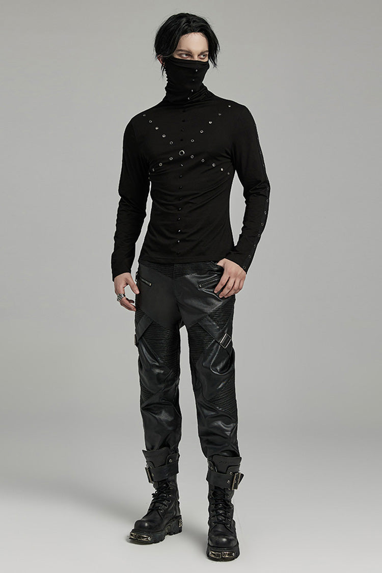 Black Long Sleeves Rivet Mesh Men's Punk Blouse with Undetachable Mask