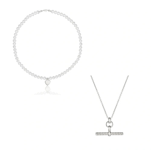 Silver Twisted T-Bar and Large Pearl Personalised Heart Necklace Gift Set