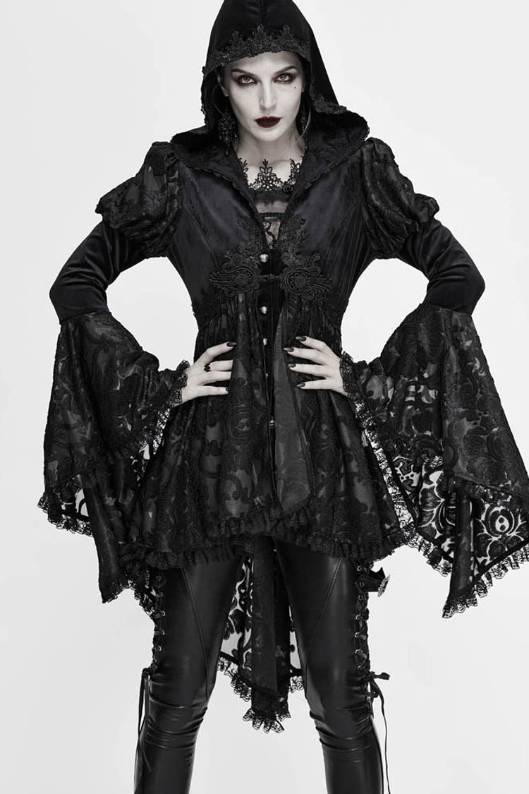 Black Knit Velvet Hooded Front Chest Decals Metal Retro Button Lace Cuff Women's Gothic Coat