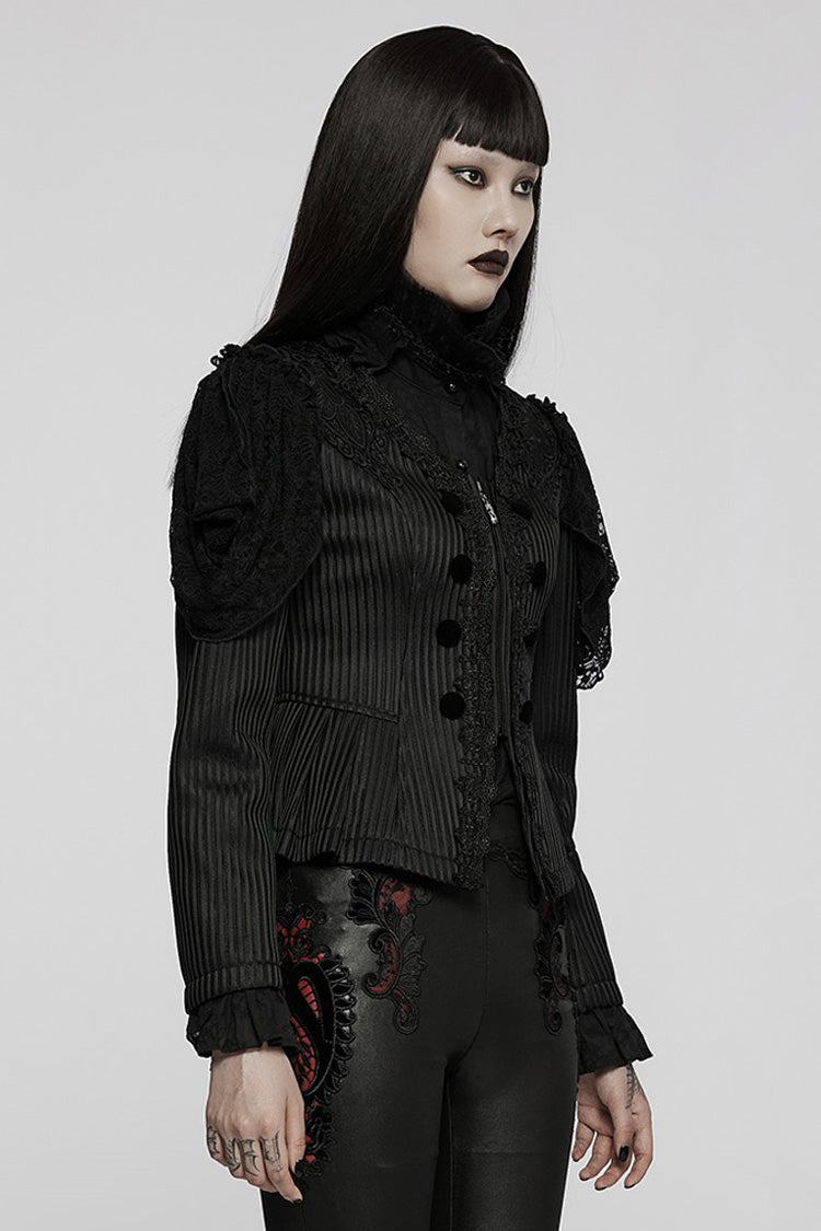 Black Gothic Lace Jacquard Double Row Velvet Button Metal Zip Back Lace Up Women's Jacket