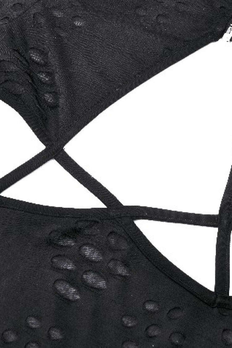 Black Long Sleeves Cut-Out Ripped Zippered Eyelets Women's Punk Distressed Top
