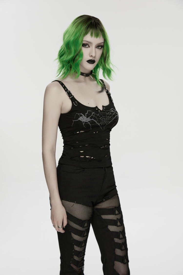 Black Off Shoulder Slim Ripped Buckled Women's Punk Spiders&Web Printed  Vest