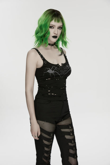 Black Off Shoulder Slim Ripped Buckled Women's Punk Spiders&Web Printed  Vest