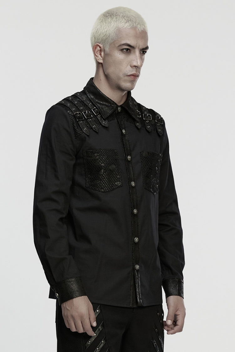 Black Lapel Collar Long Sleeves Stitching Buckle Straps Men's Punk Blouse