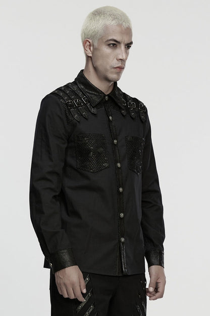 Black Lapel Collar Long Sleeves Stitching Buckle Straps Men's Punk Blouse