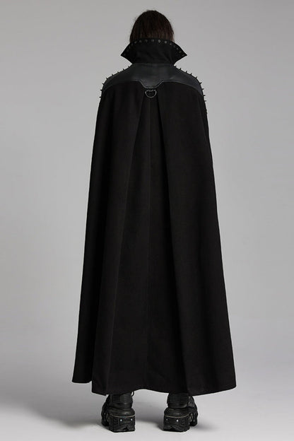 Black High Collar Faux Leather Stitching Mesh Rivet Buckle Women's Punk Cloak