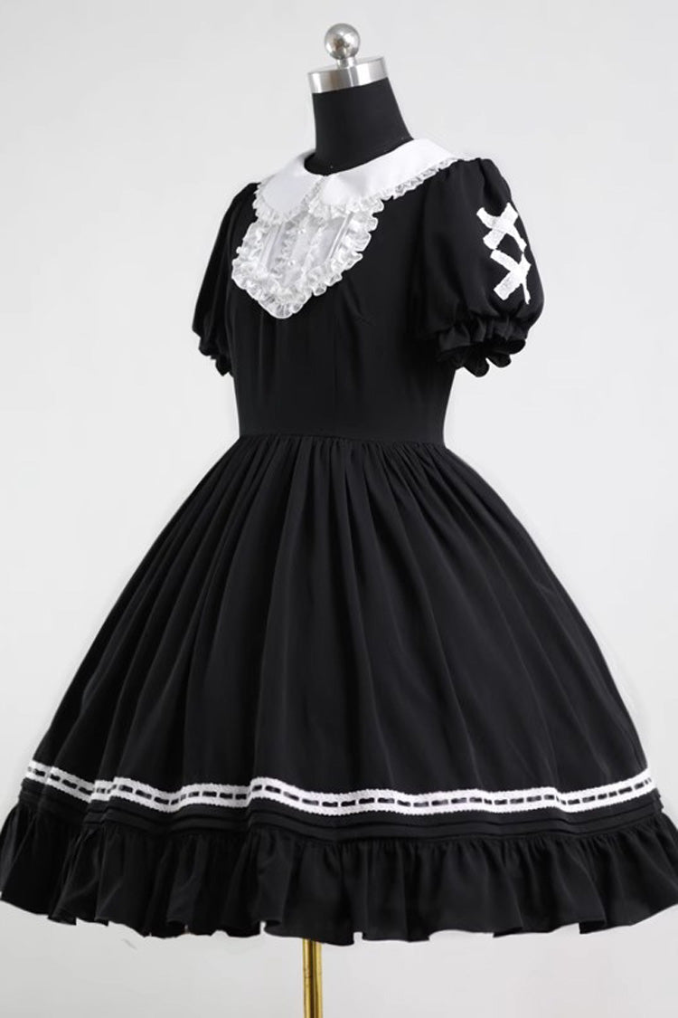 Black Lapel Collar Short Sleeves Ruffle Bowknot Maid Gothic Lolita Dress