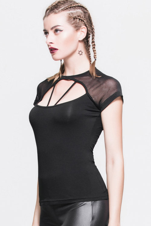 Black Hollow Out Short Sleeves Mesh Shawl Lace Up Women Punk T-Shirt