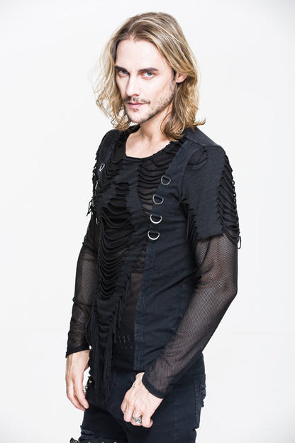 Black Knitted Diamond Mesh Mens Punk T-Shirt With Ribbons
