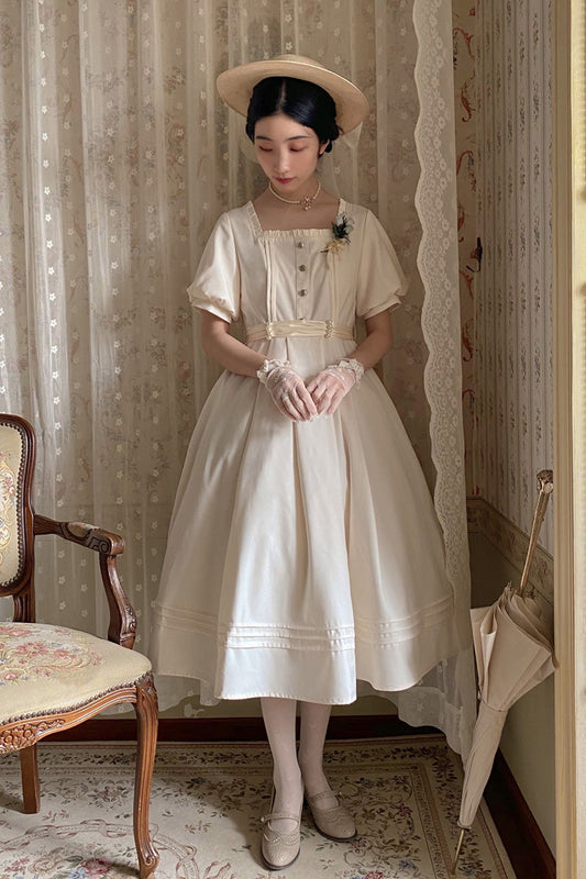 Apricot [Random Thoughts] Square Collar Short Sleeves Ruffle Classic Vintage Elegant Lolita Dress