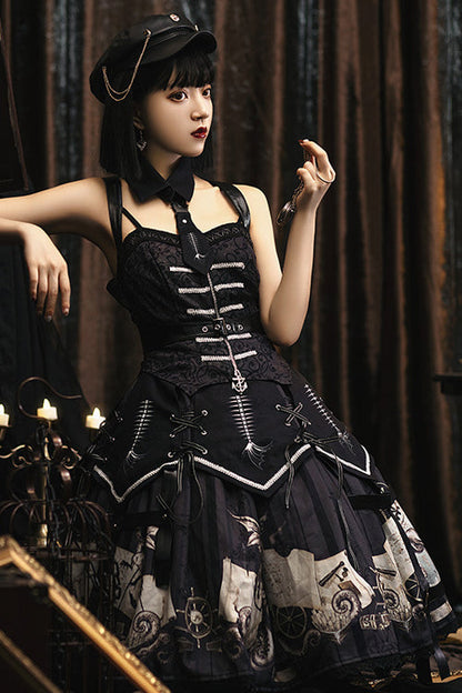 Black New Pirate Ship Print Full Set Gothic Lolita JSK Dress