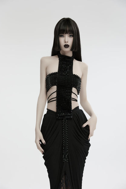 Black Off Shoulder Lace Lace-Up Slim Studded Buckled Women's Gothic Corset