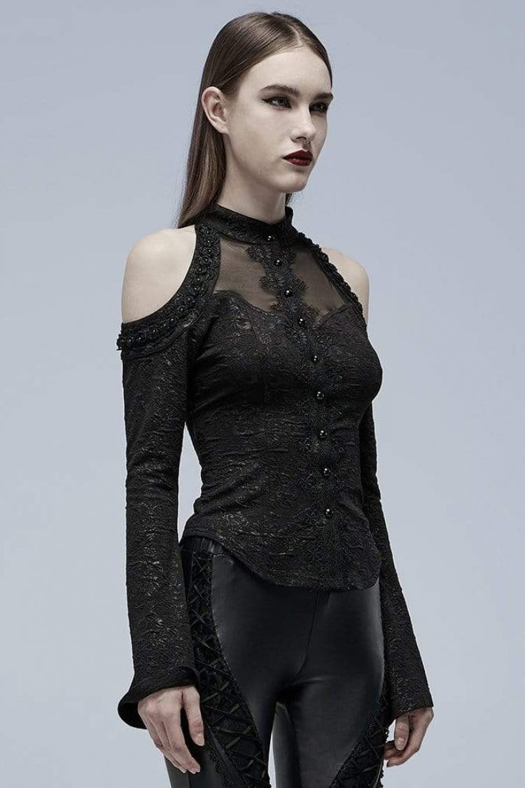 Black Long Trumpet Sleeves Print Hollow Stitching Lace-Up Womens Gothic Blouse
