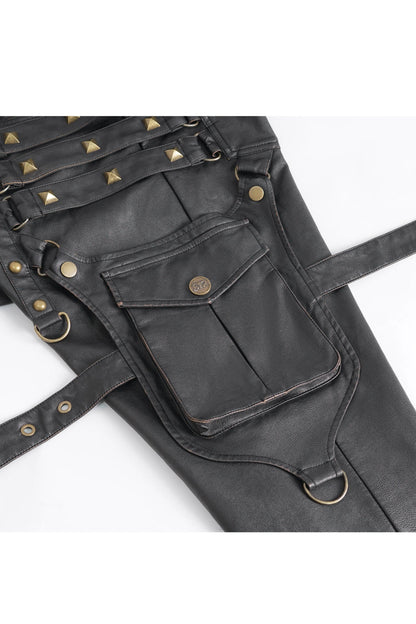 Black Big Pocket Bronze Studded Faux Leather Men's Gothic Pants