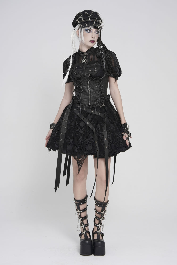 Black Bow Lace-Up Slim Zippered Women's Gothic Swallow-tailed Vest