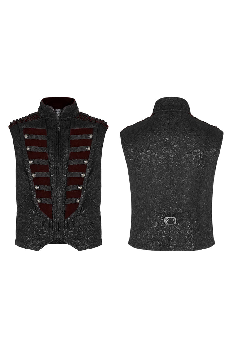 Black Jacquard Velvet Splice Weft Stand Up Collar Front Chest Breasted Decoration Men's Gothic Vest