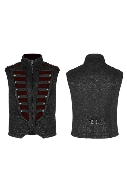 Black Jacquard Velvet Splice Weft Stand Up Collar Front Chest Breasted Decoration Men's Gothic Vest