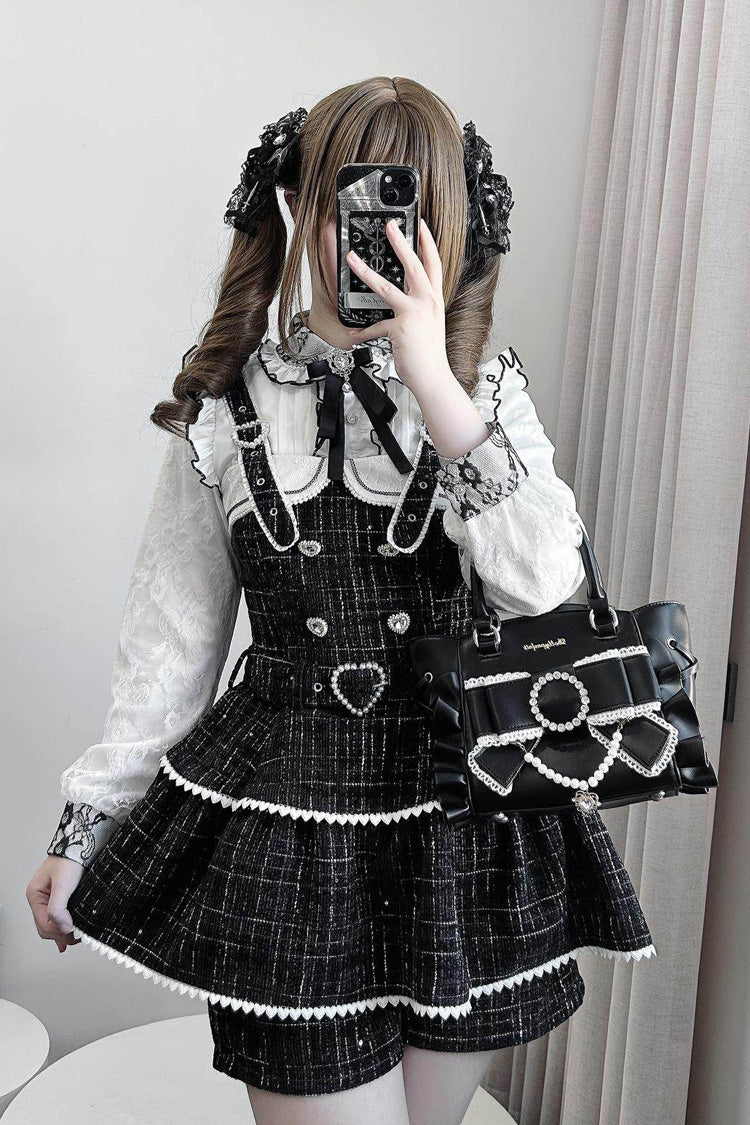 Black Plaid Printed Pearl-Decorated Sweet Jirai Kei Japanese Strap Dress Set