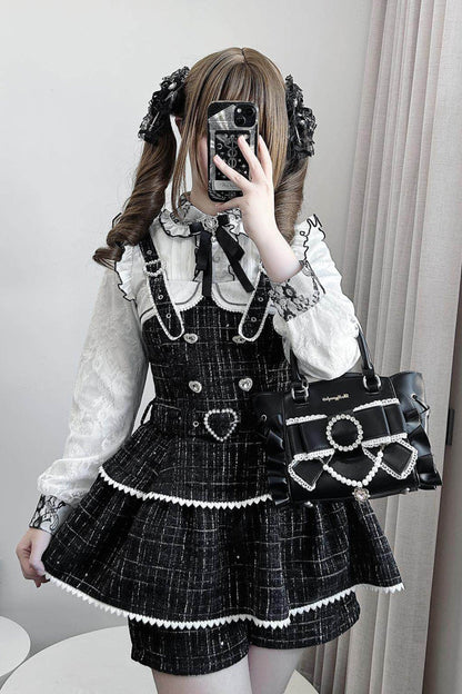 Black Plaid Printed Pearl-Decorated Sweet Jirai Kei Japanese Strap Dress Set
