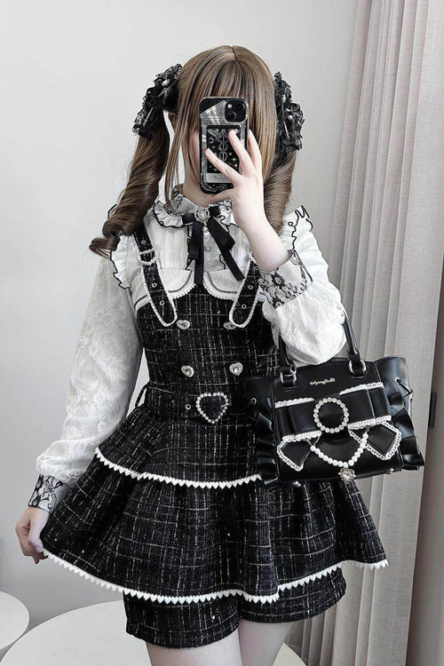 Black Plaid Printed Pearl-Decorated Sweet Jirai Kei Japanese Strap Dress Set