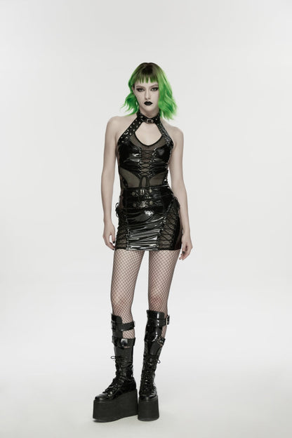 Black Halterneck Cut-Out Lace-Up Slim Women's Punk Cool Vest