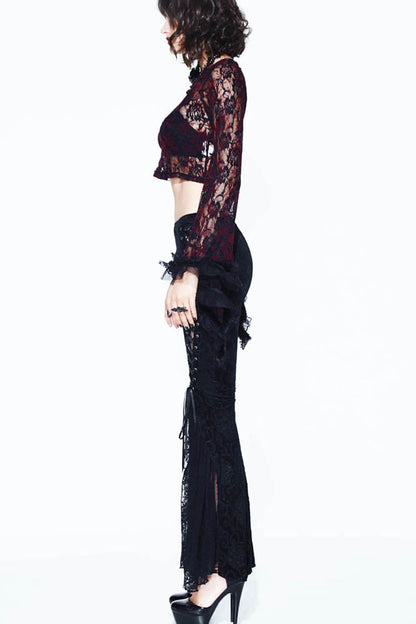 Black Palace Pattern Lace-Up Velveteen Lace Flared Women's Gothic Pants