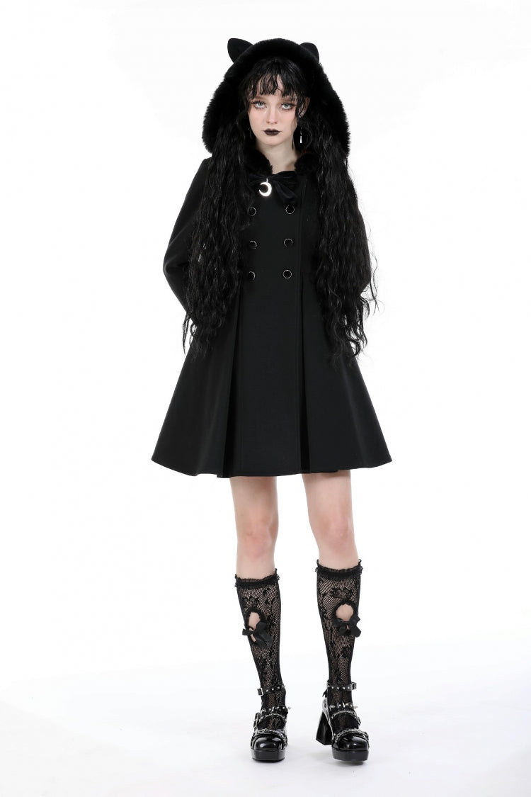 Black Long Sleeves Crescent Moon Bow Spliced Double-breasted Women's Gothic Coat with Cat Ear Hood