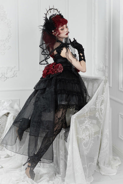 Black Multi-Layered Ruffled Hanayome Bow Pearl-Decorated Gothic Lolita Jsk Dress Full Set 2 Versions