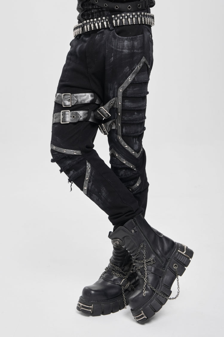 Black Buckle Straps Pleated Men's Punk Pants
