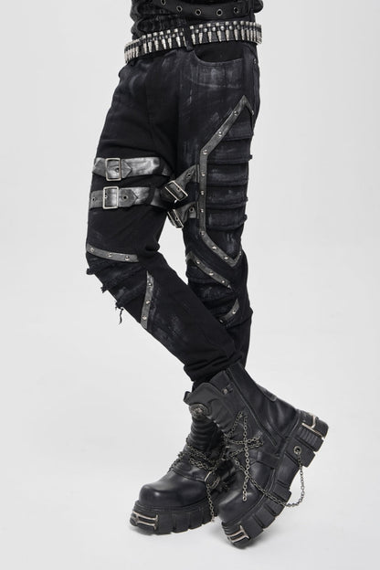 Black Buckle Straps Pleated Men's Punk Pants