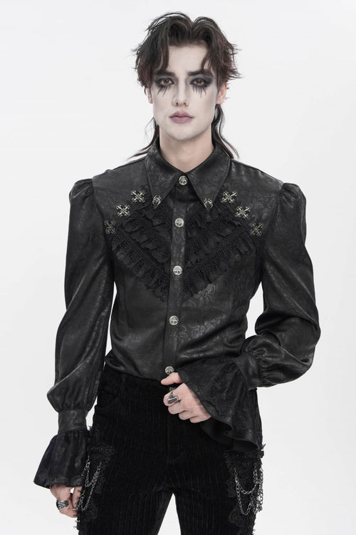 Black Cross Spider Turn-down Collar Long Trumpet Sleeves Printed Lace Men's Gothic Shirt