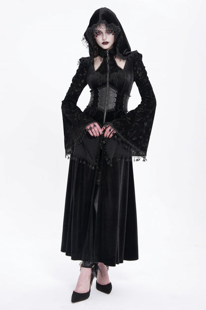 Black Long Sleeves Hollow Embroidery Hooded Ripped Women's Gothic Dress Coat