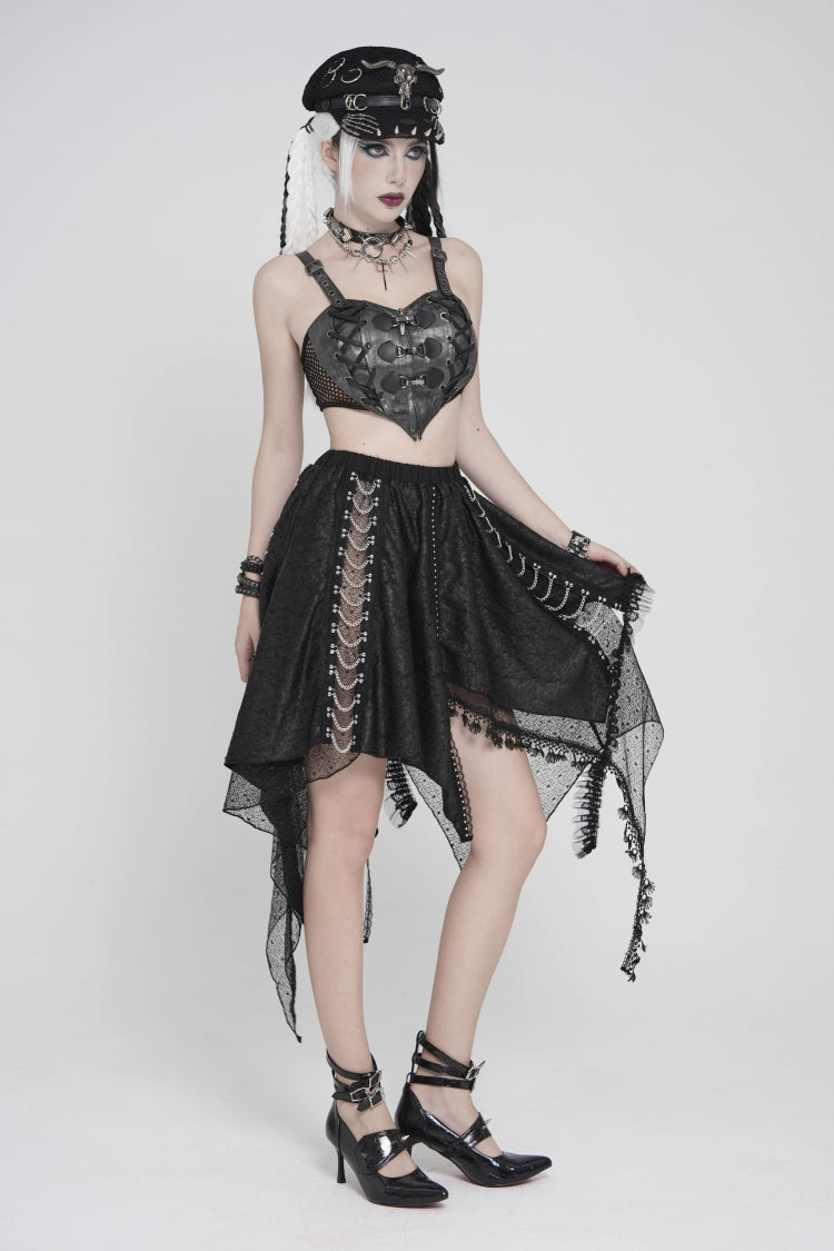 Black Lace Irregular Chain-Decorated Women's Punk Streamer Skirt