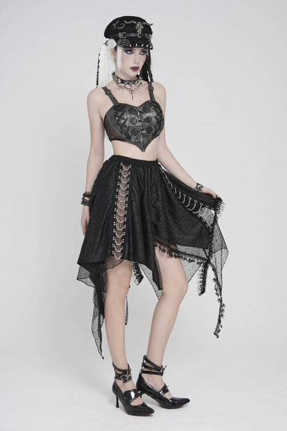 Black Lace Irregular Chain-Decorated Women's Punk Streamer Skirt