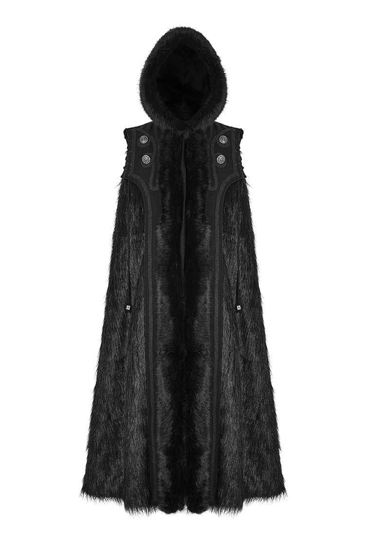 Black Hooded Long Fur Mens Gothic Cloak