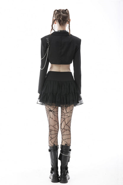 Black Lapel Collar Long Sleeves Chain-Decorated Women's Punk Irregular Short Jacket