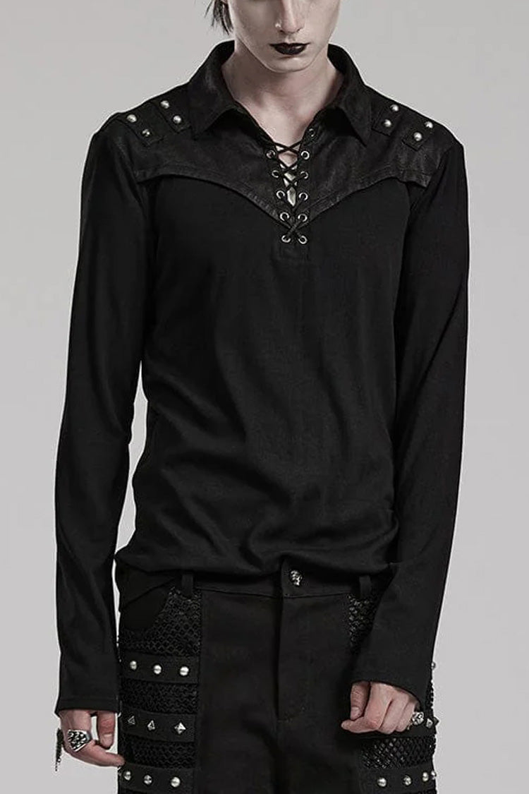 Black Lapel Collar Long Sleeves Stitching Mens Steampunk T-Shirt