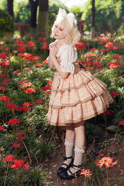 Apricot [Cloth Cat] Triple-Layered Print Ruffle Bowknot Sweet Lolita Dress