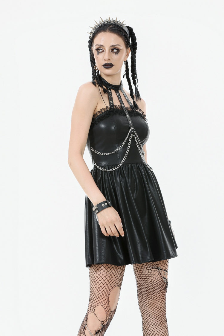 Black Halterneck Zippered Chain-Decorated Eyelet Women's Punk Faux Leather Dress