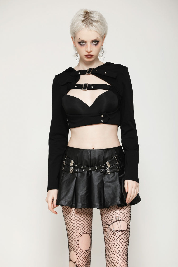 Black Low Waisted Buckle-Up Women's Punk PU Leather Pleated Mini Skirt