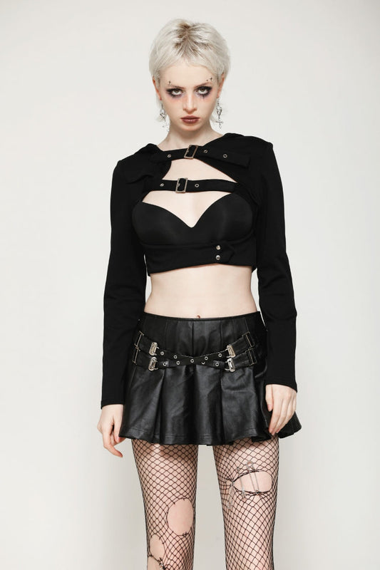 Black Low Waisted Buckle-Up Women's Punk PU Leather Pleated Mini Skirt