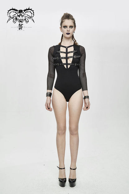 Black Chest Adjustable Leather Loops Splice Mesh Sleeve Connecting Crotch Women's Punk T-Shirt