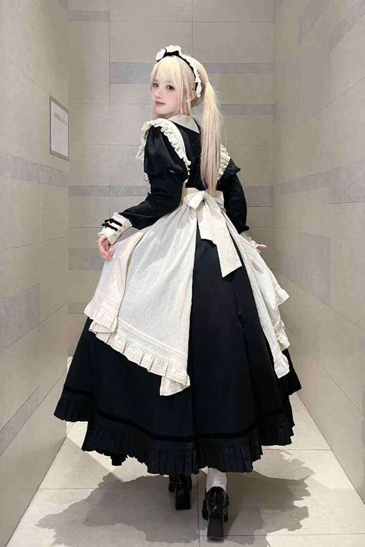 Black Maid Lapel Collar Short Sleeves Ruffle Sweet Classic Lolita Dress (Short or Long Version)