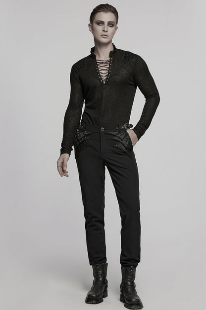 Black Jacquard Buckle Men's Punk Pants