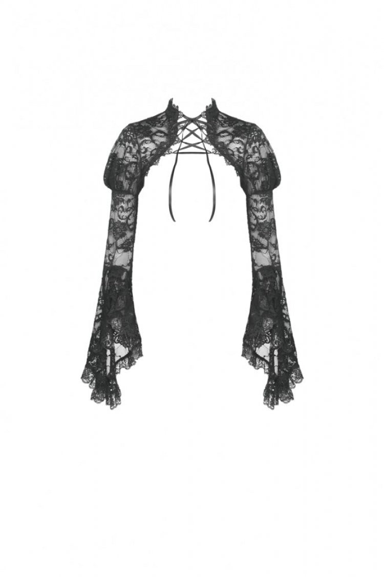 Black Long Puff Sleeves Sheer Floral Lace Lace-Up Women's Gothic Cape