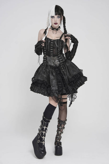 Black Off Shoulder Lace Lace-Up Slim Mesh Strappy Chain-Decorated Eyelet Women's Punk Corset