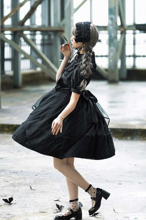 Black Elegant Round Collar Bowknot Short Sleeves High Waisted Gothic Lolita OP Dress