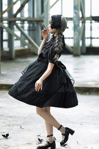Black Elegant Round Collar Bowknot Short Sleeves High Waisted Gothic Lolita OP Dress