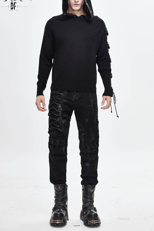 Black Asymmetrical Sleeves Leather Loop Lace-Up Hooded Men's Punk Sweater